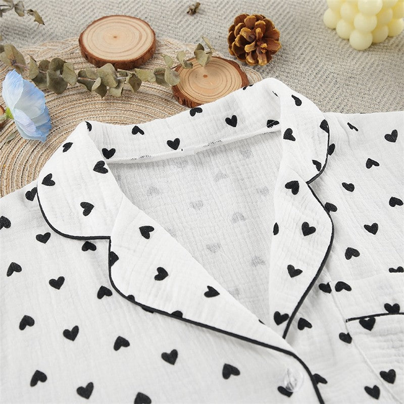 Heart Print Short Sleeve Pajama Set for Women - Breathable Fabric