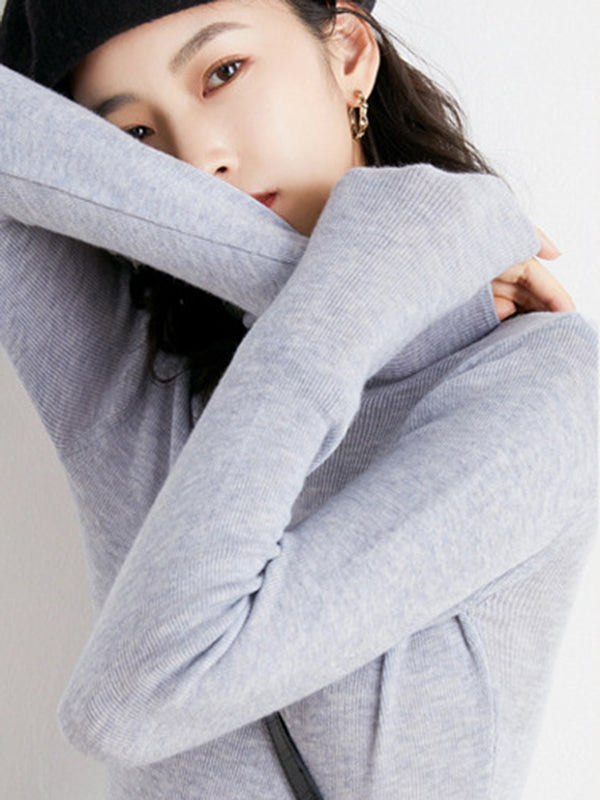 Simple Skinny Long Sleeves Solid Color High-Neck Sweater Tops Pullovers