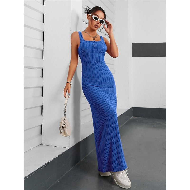 Solid Color Sleeveless Square Neck Long Knitted Dress