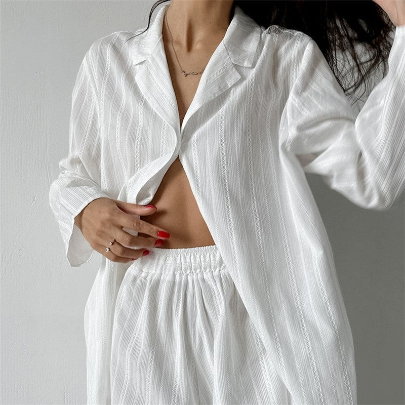 Solid Color Long Sleeve Lapel Single Breasted Blouse and Shorts Set - Stylish Loungewear
