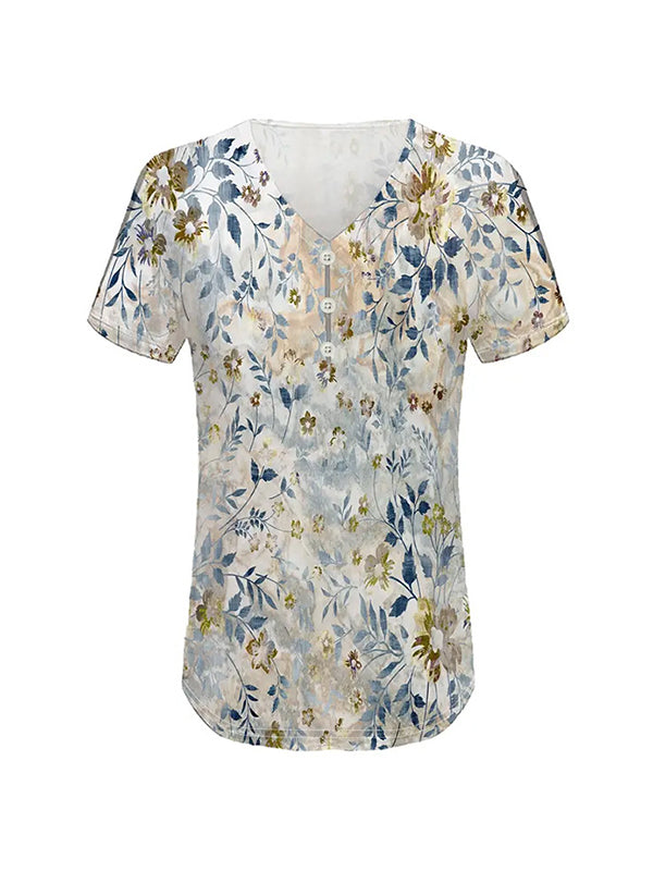 Loose Plus Size Buttoned Flower Print Hollow V-Neck T-Shirts Tops