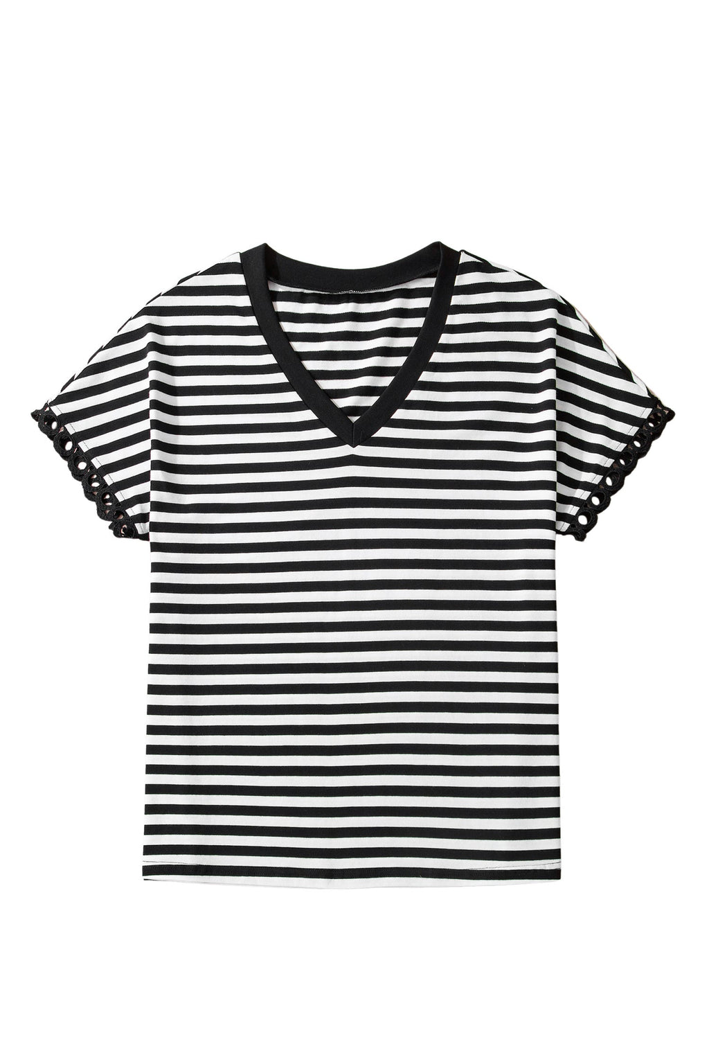 Black Striped Print V Neck Delicate Trim Casual Tee