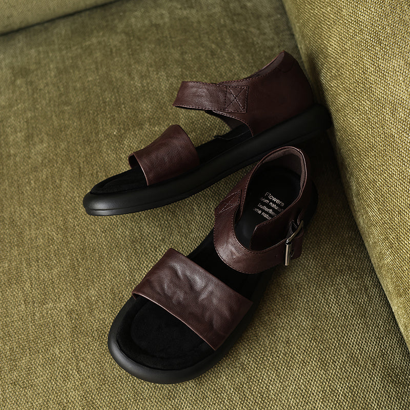 Women's Washed Leather Platform Sandals | Two-Strap Buckle Open-Toe Flats