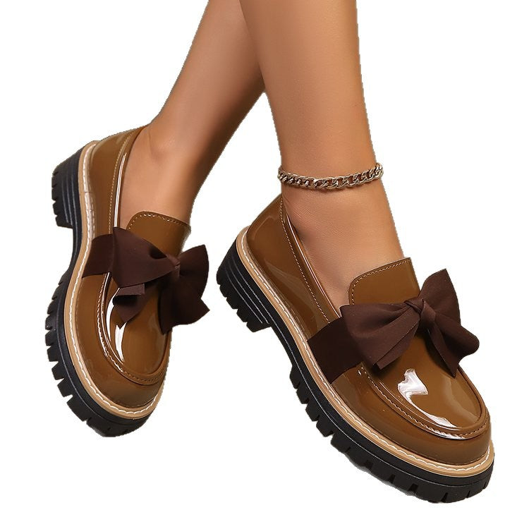 Women's Bow Tie Chunky Heel Pumps - Slip-On Round Toe Loafers