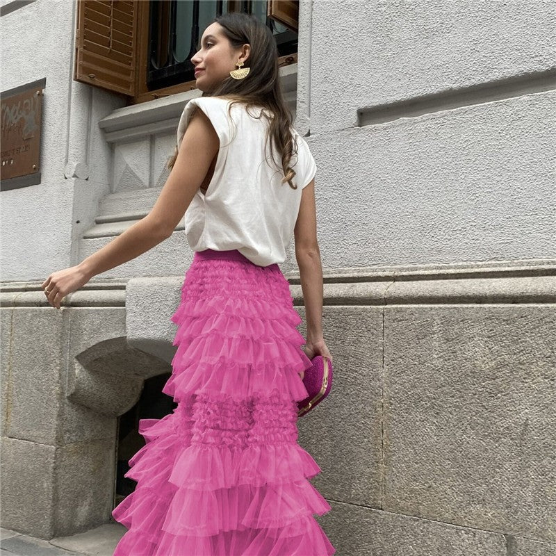 Chic Solid Color Mesh Cake Skirt