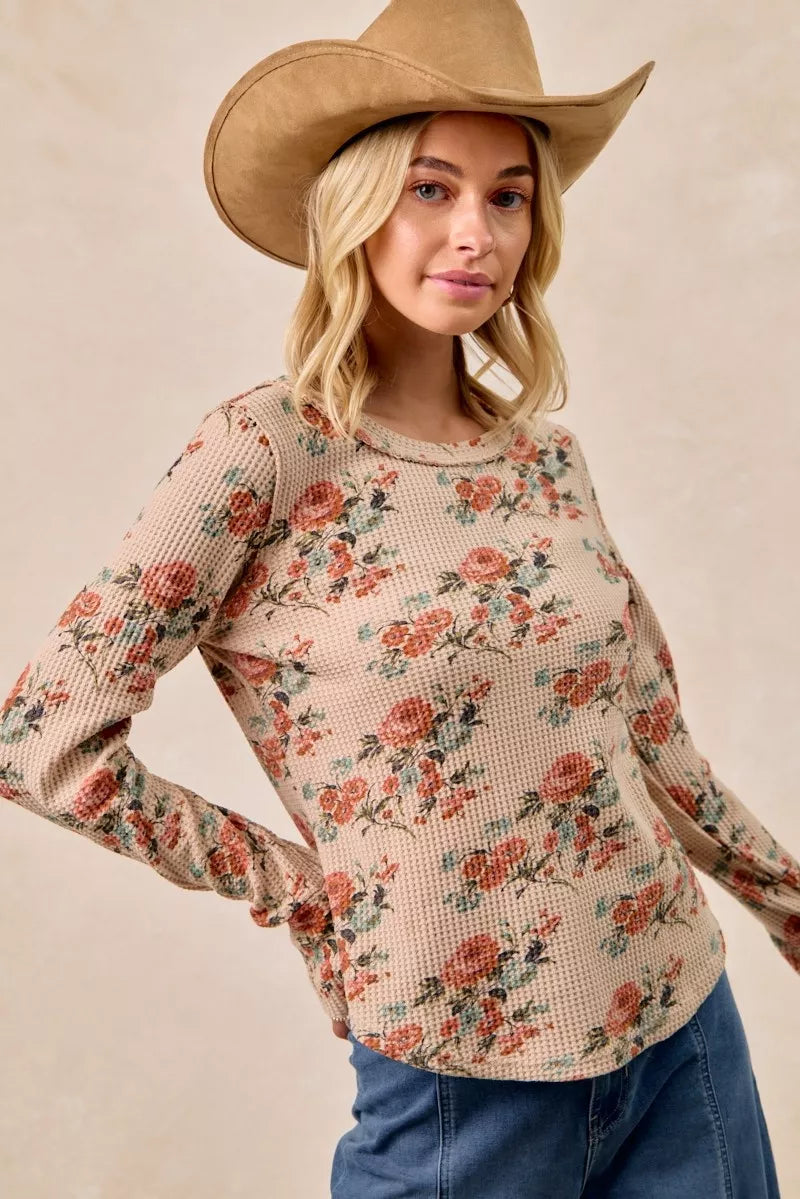 Floral Print Washed Waffle Thermal Top with Thumb