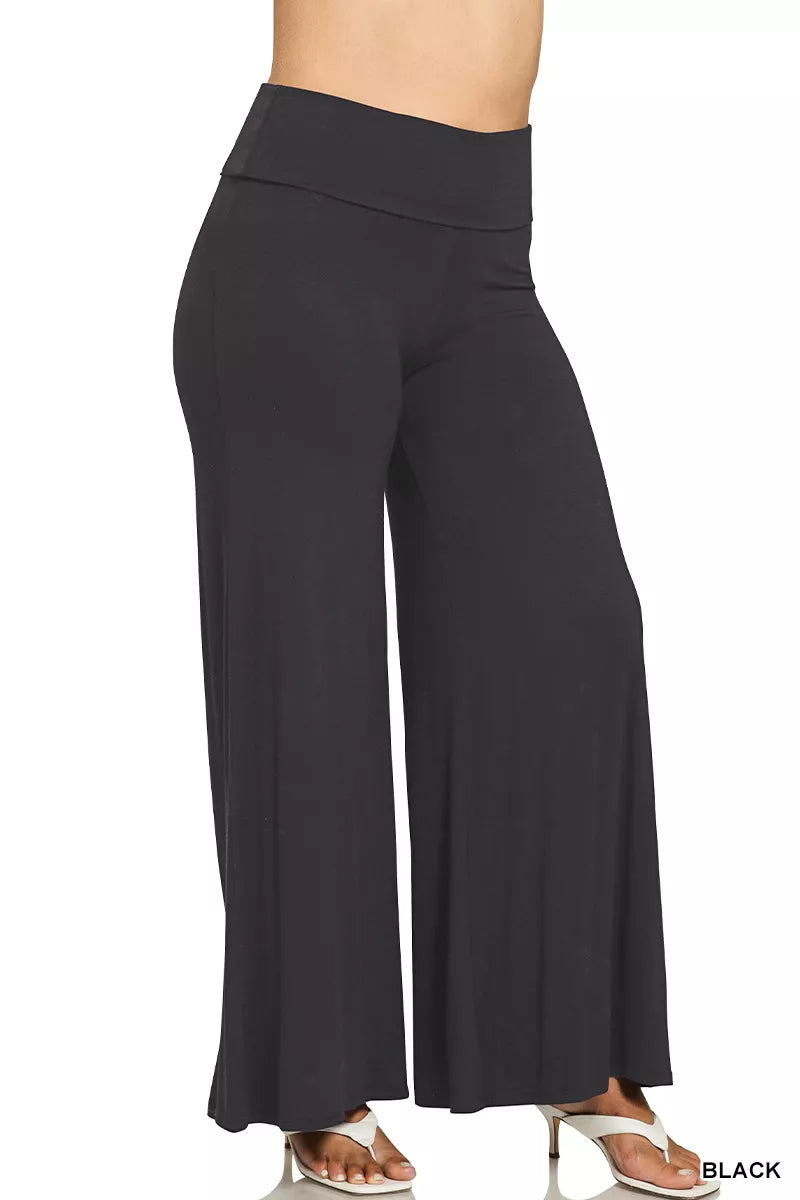 Full Size Fold Over Waist Comfy Wide Leg Pants Plus Size