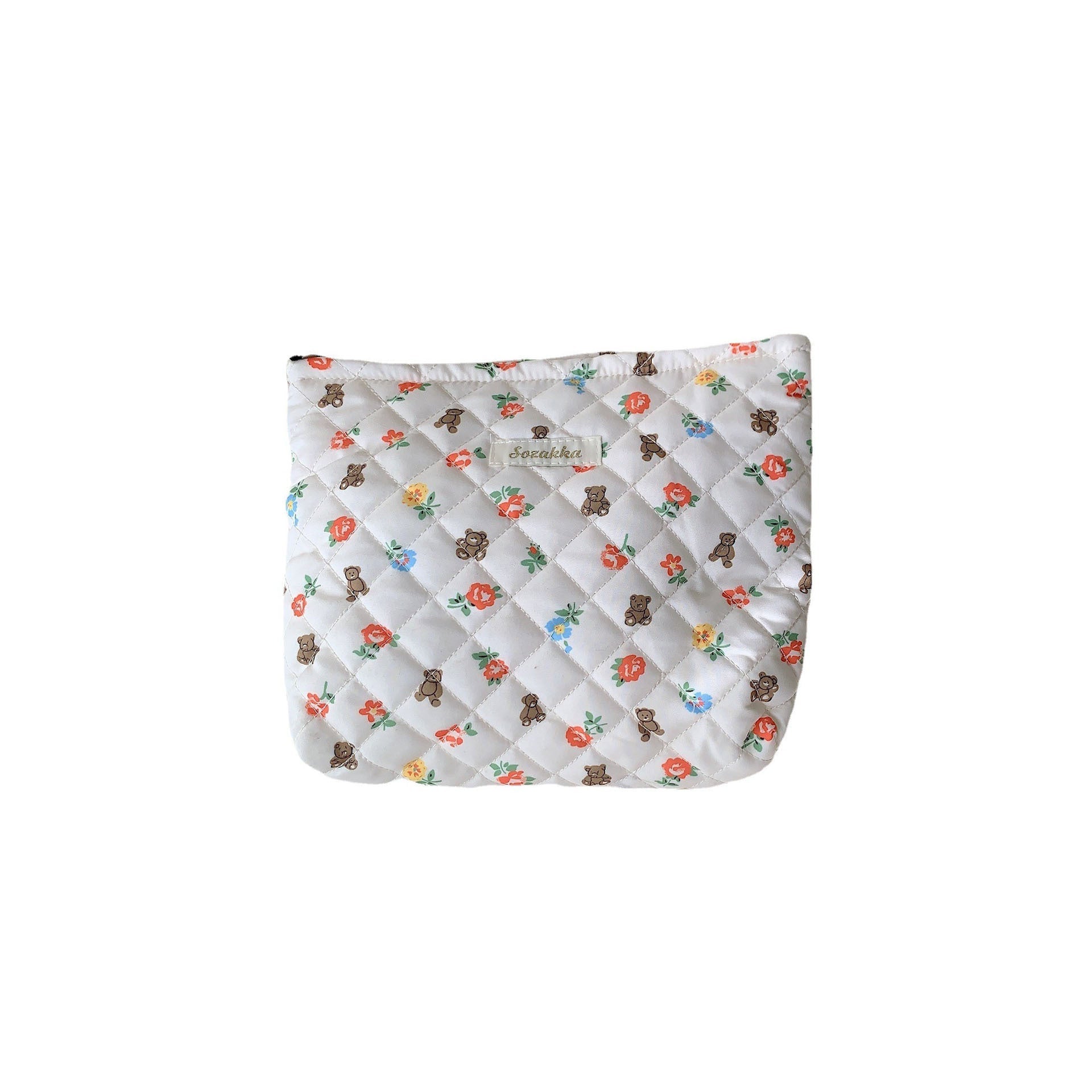 Quilted Floral Little Bear Makeup Bag - Women's Cosmetic Organizer Clutch with Cotton Lining