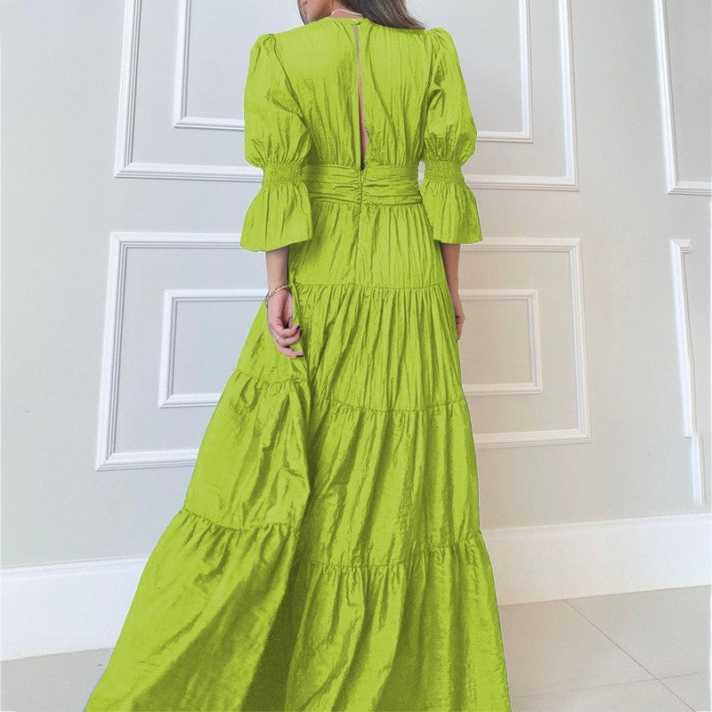 Chic Solid V-Neck Long Sleeve Midi Dress