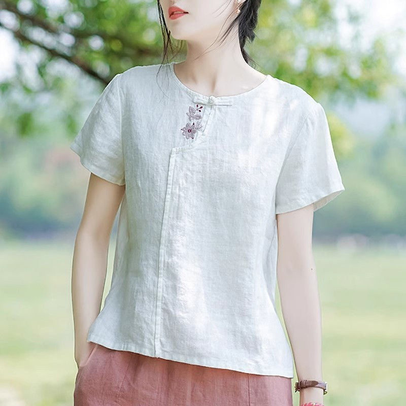 Retro Linen and Cotton Embroidered T-Shirt