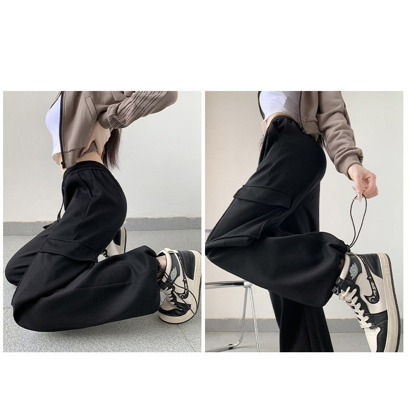 Casual Loose Fit Solid Color Cargo Pants with Elastic Waistband