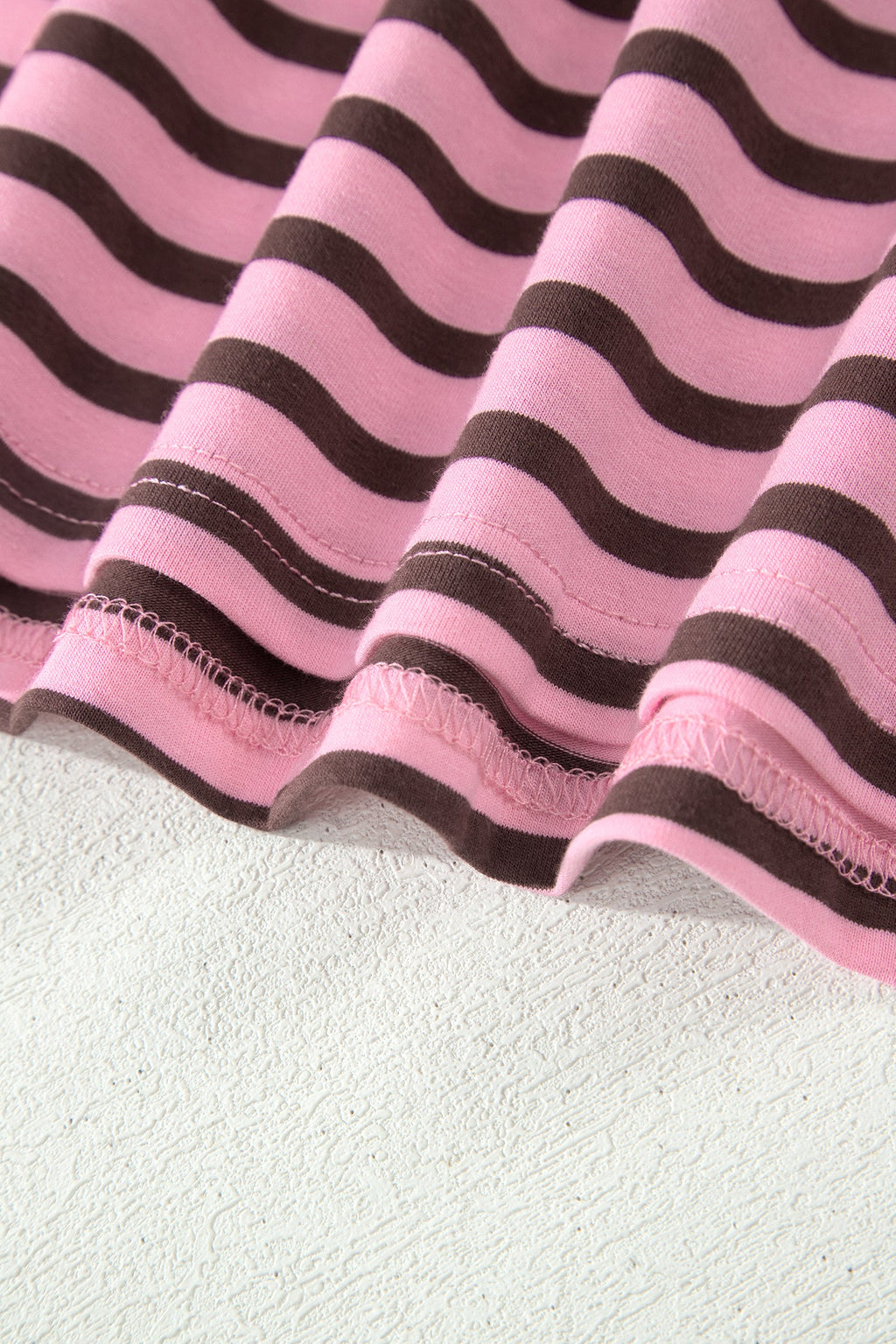 Rose Stripe Striped V-Neck Ribbed Collar Cuff Gathering Puff Sleeve Top