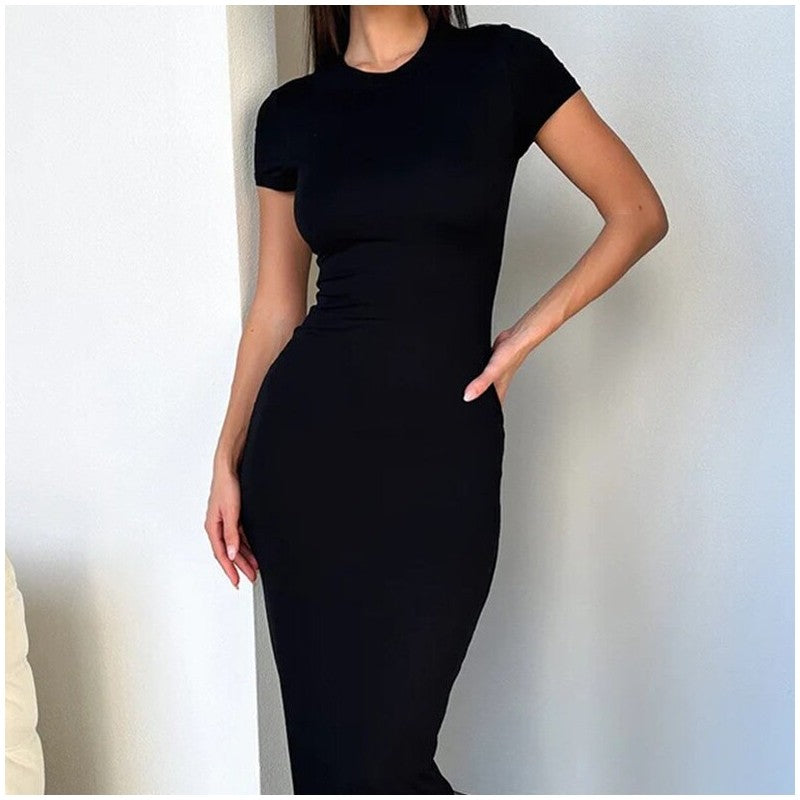 Solid Color Slim Fit Short Sleeve Dress