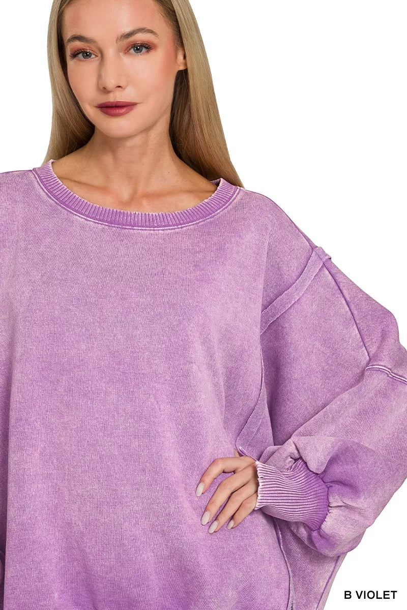 Acid Washed Batwing Sleeve Fleece Sweatshirt