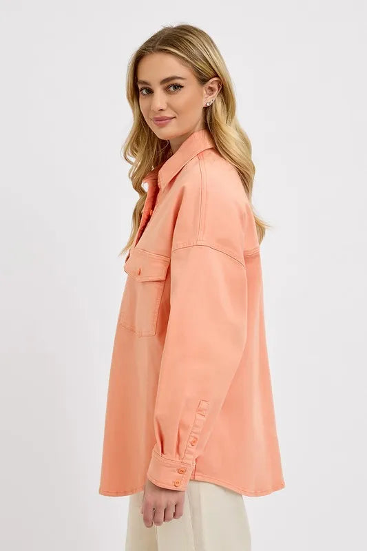 Full Size Button Down Long Sleeve Denim Shacket with Chest Pockets Plus Size