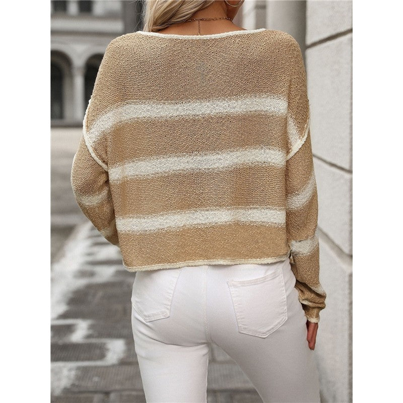 Long Sleeve Crewneck Contrast Color Casual Loose Pullover Sweater