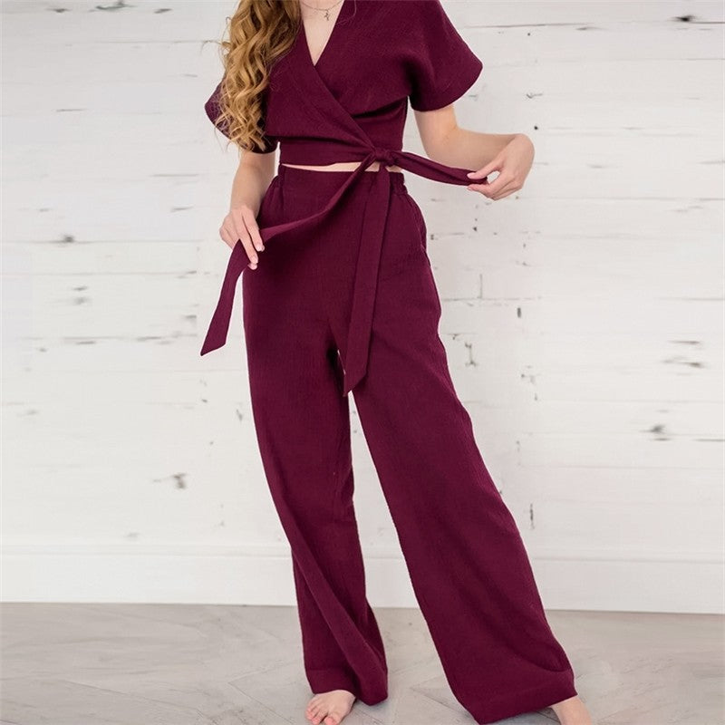 Solid Color V-Neck Bandage Top and Pants Set - Short Sleeve Loungewear