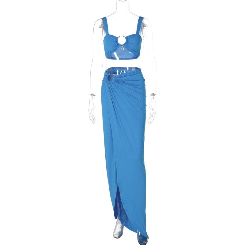 Strapless Ruched Bodycon Dress Set with Side Slit