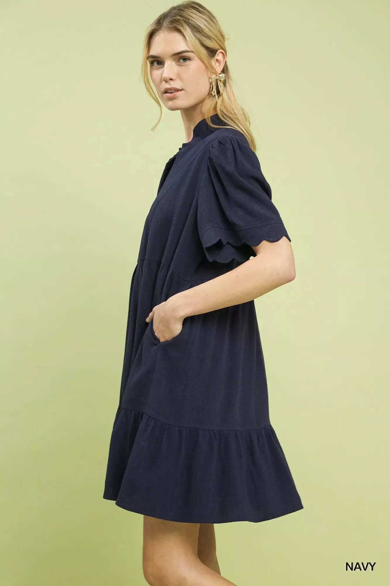 Linen Tiered Babydoll Dress with Scalloped Sleeves