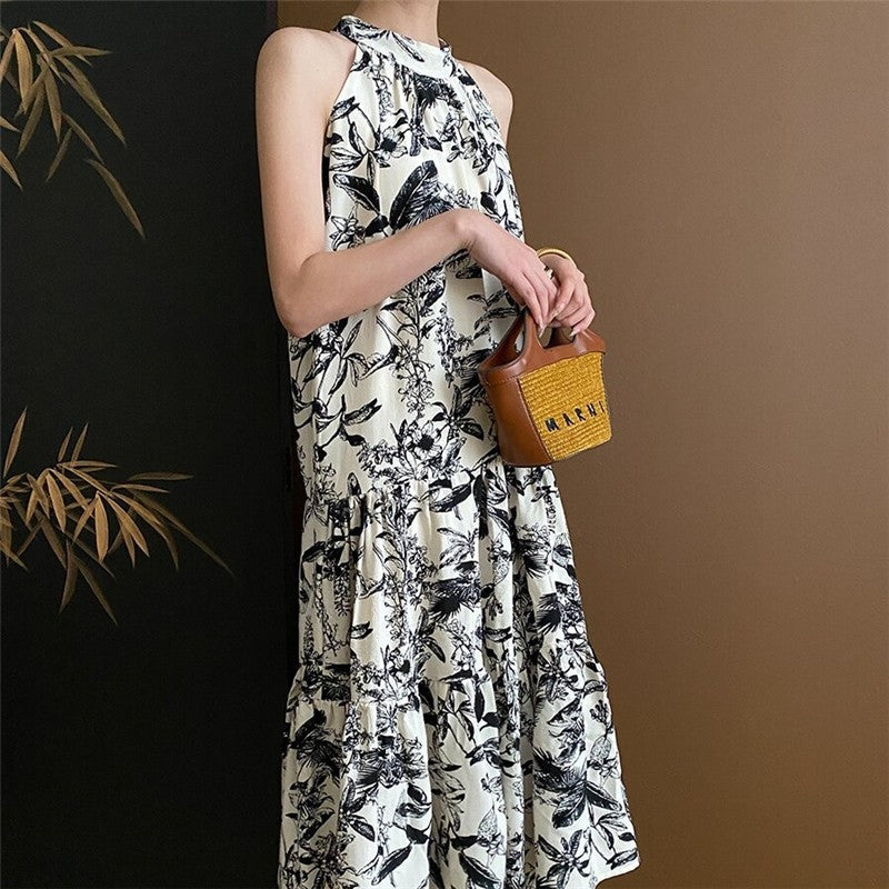 Watercolor Floral Sleeveless Halter Dress