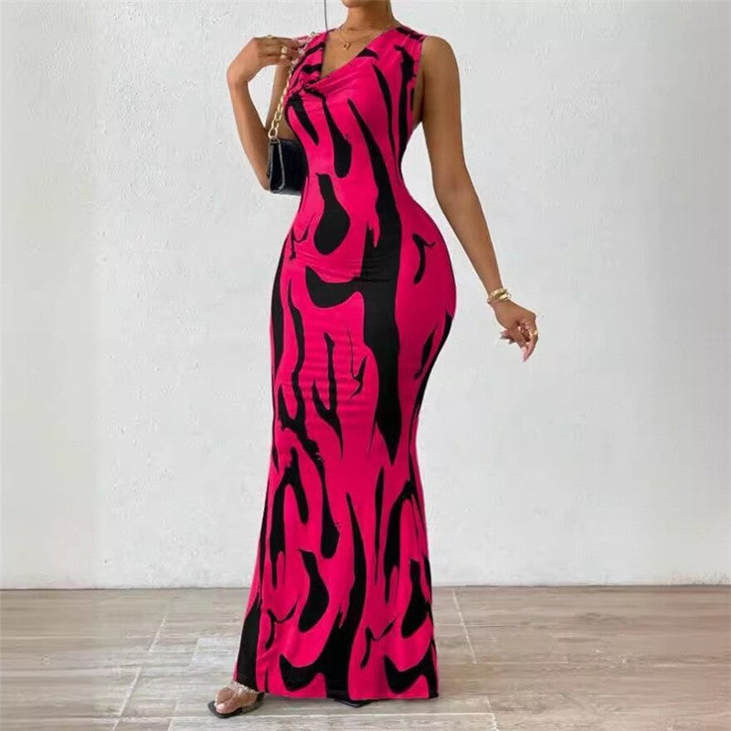 Trendy Sleeveless V-Neck Printed Bodycon Dress