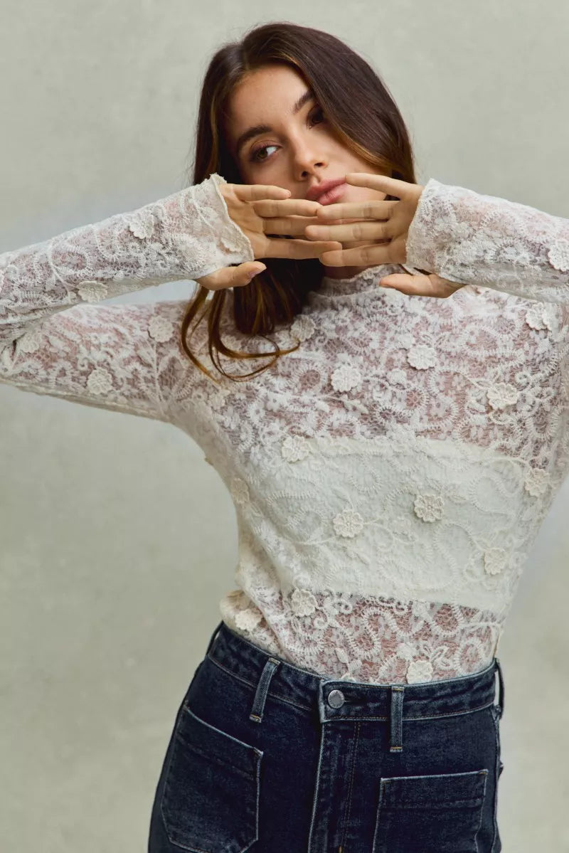 Lace Long Sleeve 3d Effect Floral Layering Top