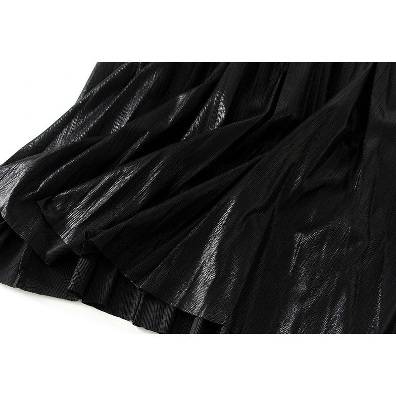 Metallic Pleated A-Line Skirt with Elastic Waist in Solid Color