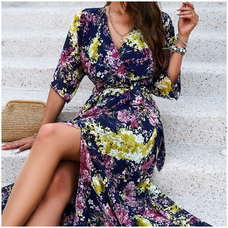 Chic Floral Print Waist Dress