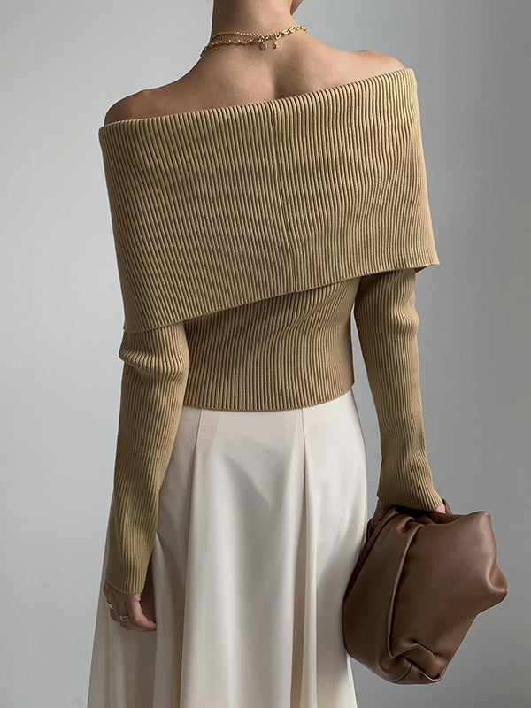 Long Sleeves Skinny Solid Color Lapel Knitted Hats Pullovers Sweater Tops