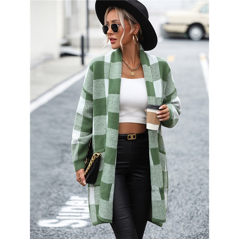 Contrast Color Long Sleeve Plaid Casual Loose Knitted Cardigan