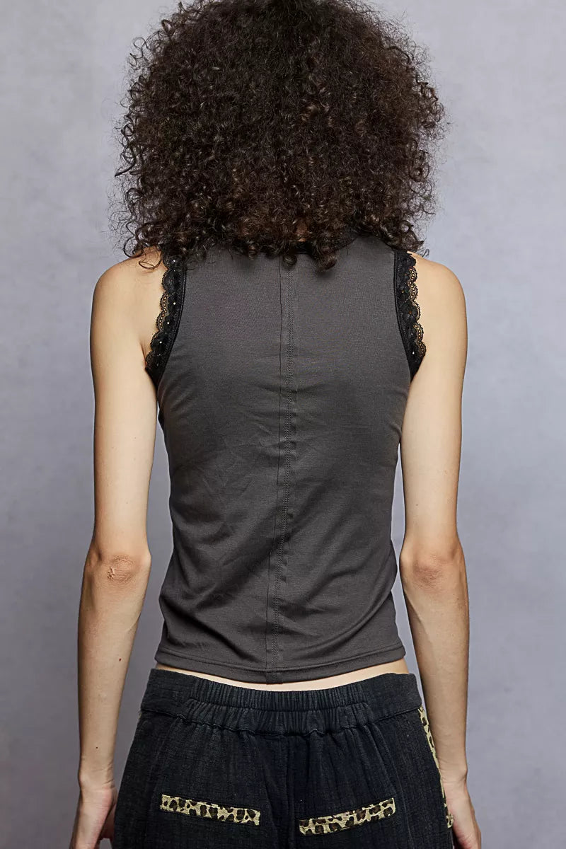 Round Neck Cropped Tank with Lace Trim