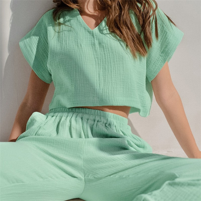 Solid Color Short Sleeve V-Neck Top and Pants Two-Piece Loungewear Set
