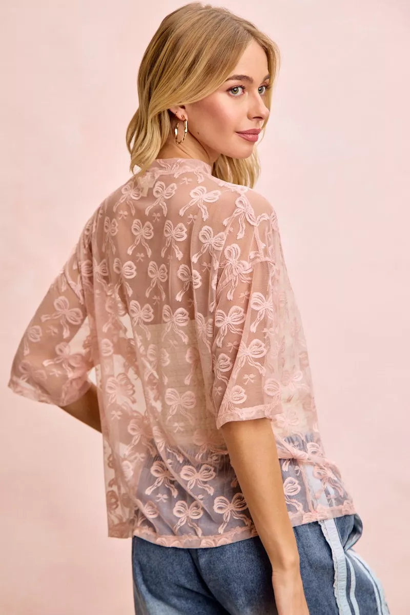 Bow Pattern Short Sleeves Boxy Mesh Top