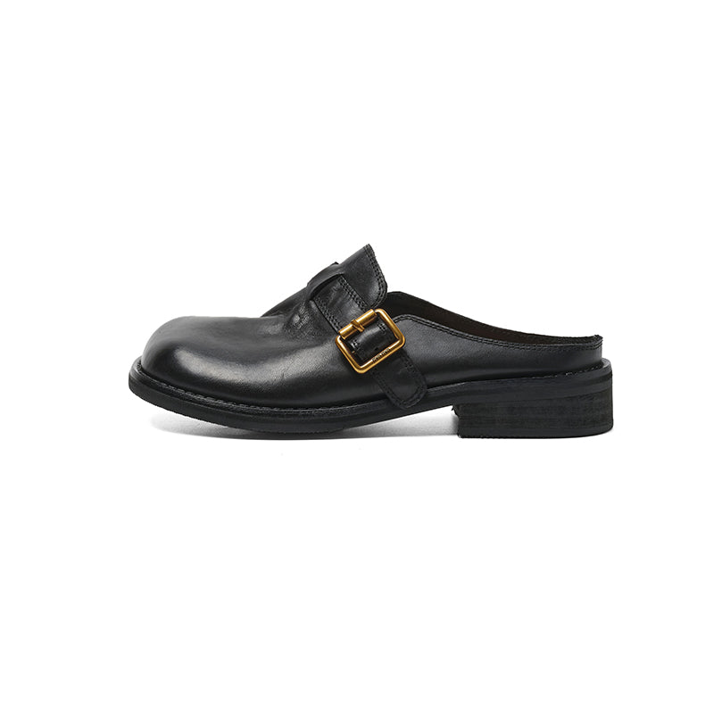 Women's Full Grain Leather Buckle Mules | Retro Low Block Heel Backless Shoes