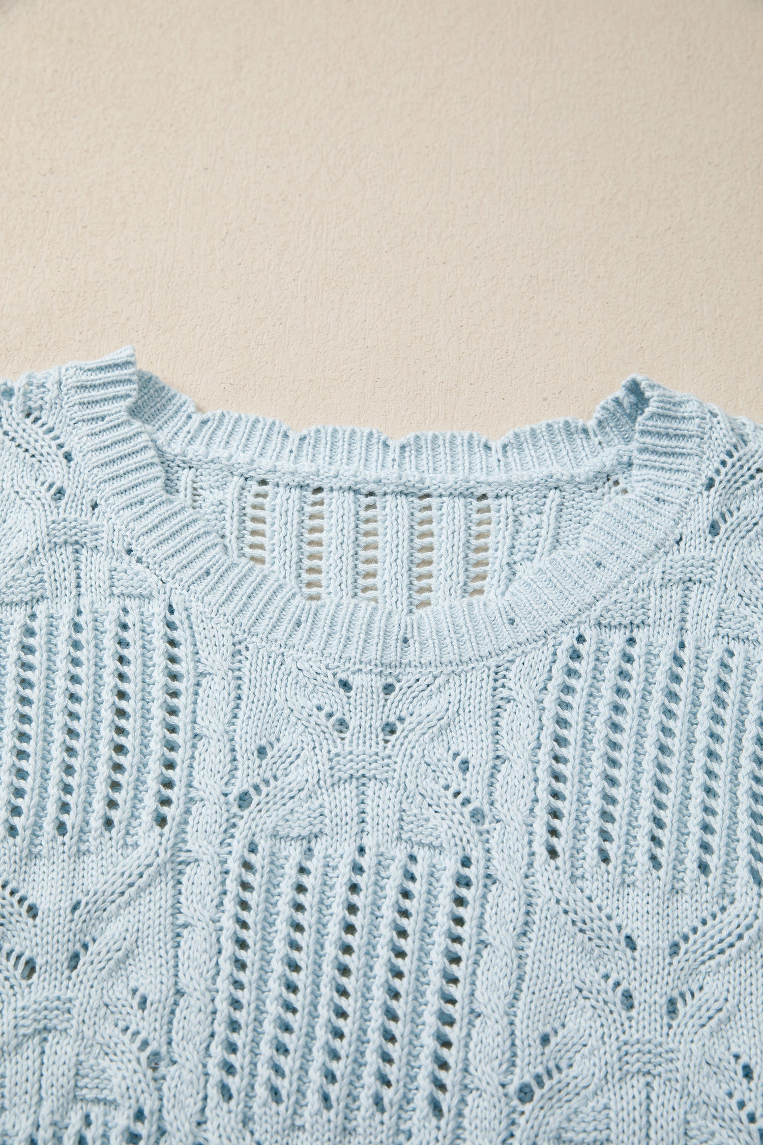 Beau Blue Pointelle Knit Patterned Scalloped Trim Short Sleeve Sweater