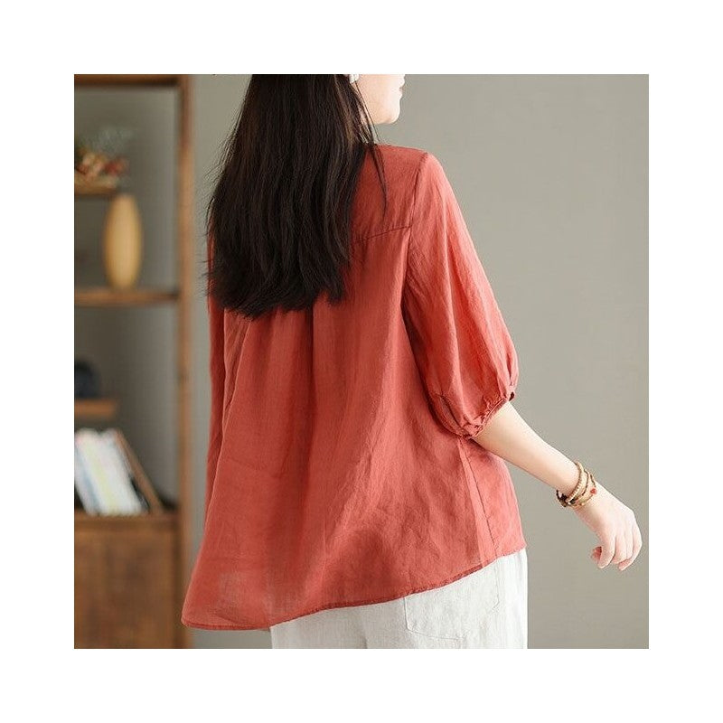Casual V-Neck Embroidered Cotton-Linen Shirt with Heavy-Duty Construction