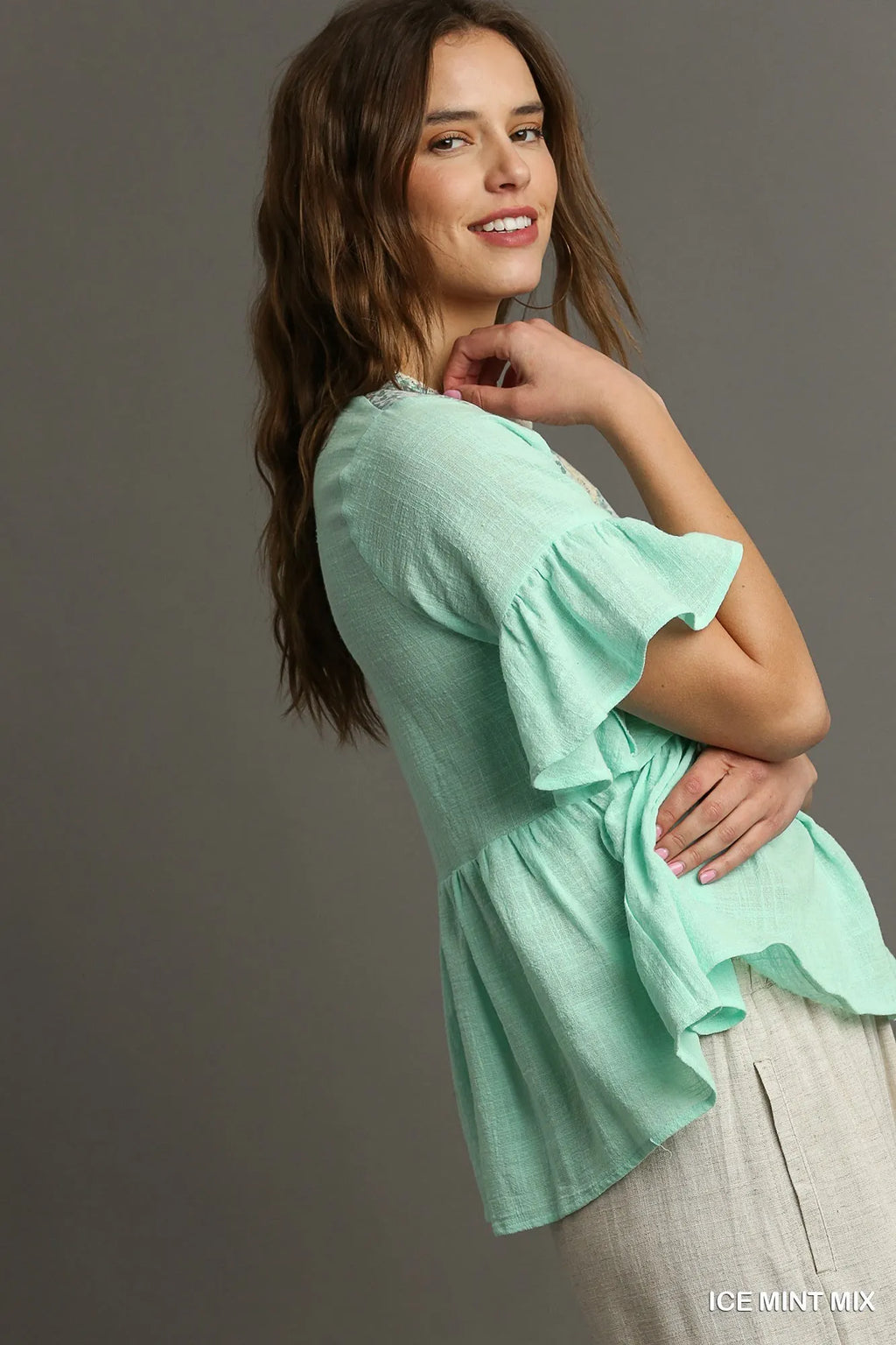 Floral Lace Trimmed Detail Half Sleeve Babydoll Top