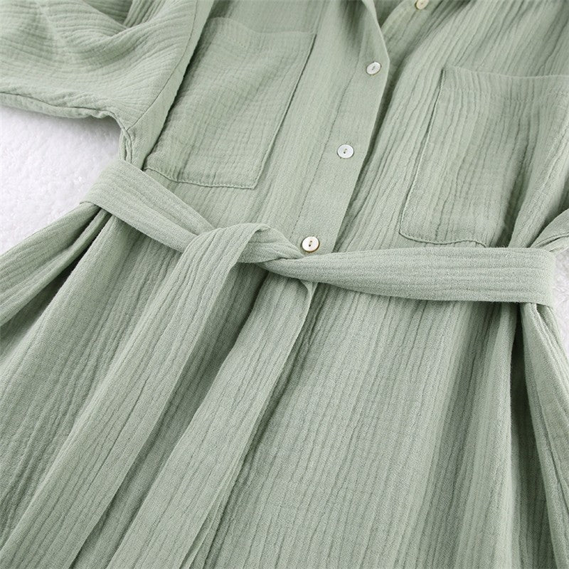Solid Color Loose Long Sleeve Lapel Buttoned Waist Tied Blouse and Pants Two-Piece Loungewear Set