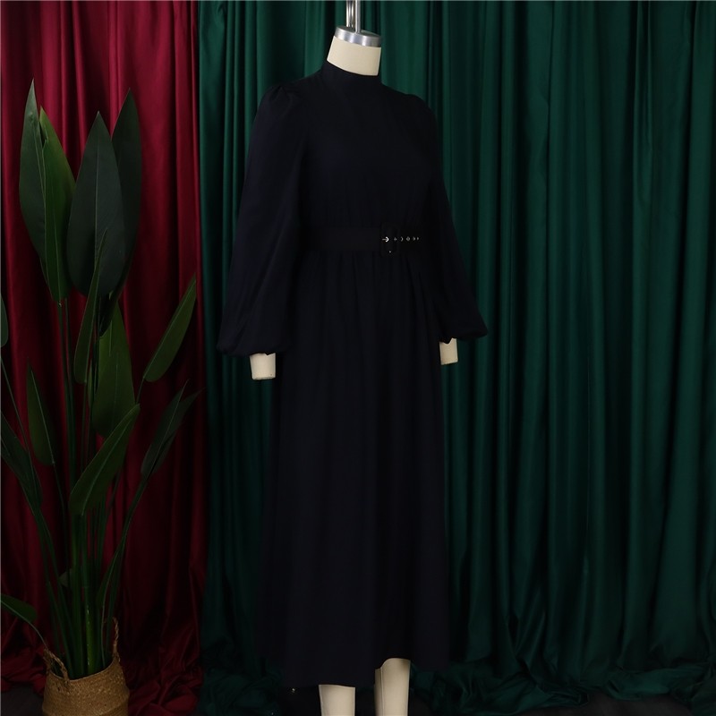 High Neck Seven-Sleeve Waist-Cinching Dress