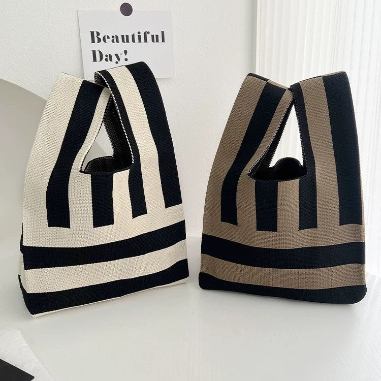 Women's Knit Tote Bag - Urban Minimalist Striped Handbag with Multiple Pockets