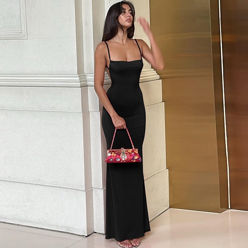 Solid Color Backless Spaghetti Strap Dress
