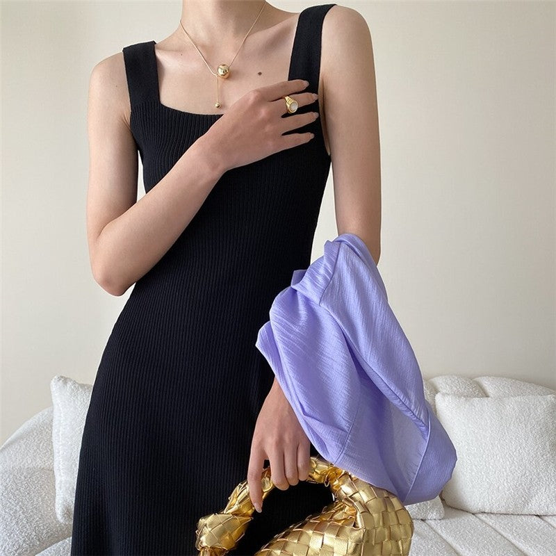 Knitted Hepburn Style Dress with Wide Shoulder Straps