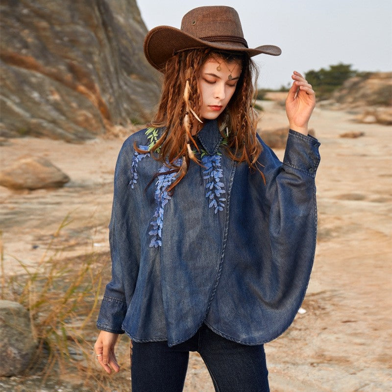 Embroidered Denim Blouse with Vintage Flair