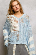 Color-Blocked Stripe Pattern Knit Top with Twisted Weave