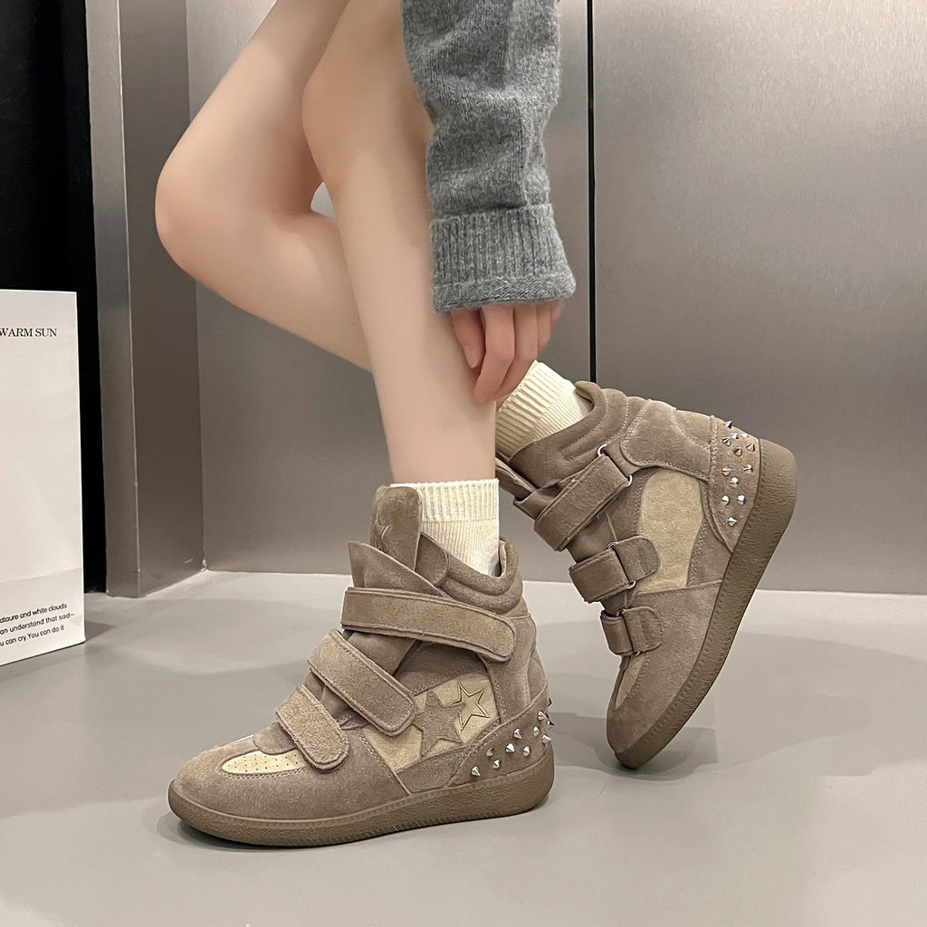 Women's Hidden-Heel Thick-Soled Casual High-Top Sneakers | Mesh Upper | Black & Green