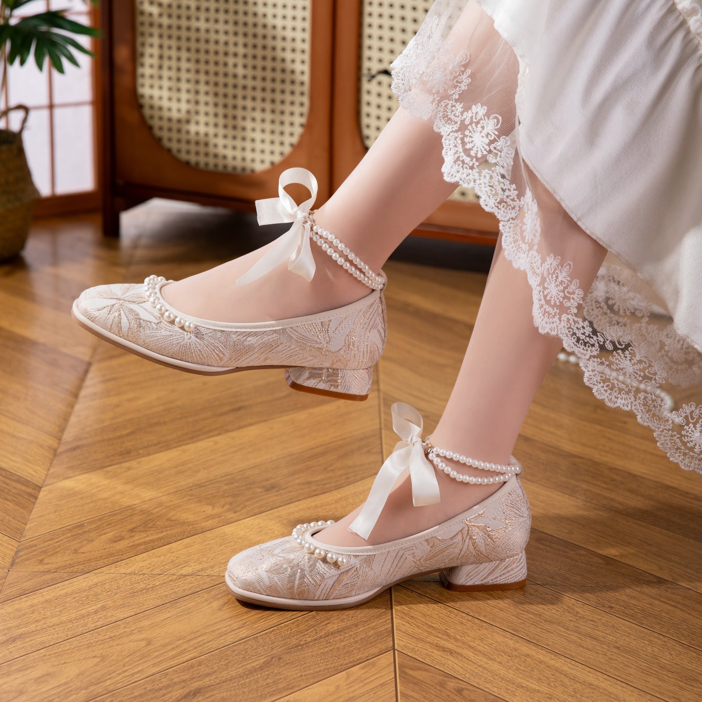 Women's Jacquard Mary Jane Low Heel Shoes | Pearl Ribbon Bow Square Toe Wedding Flats