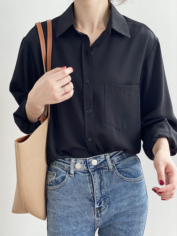 Urban Solid Color Lapel Long Sleeves Blouse