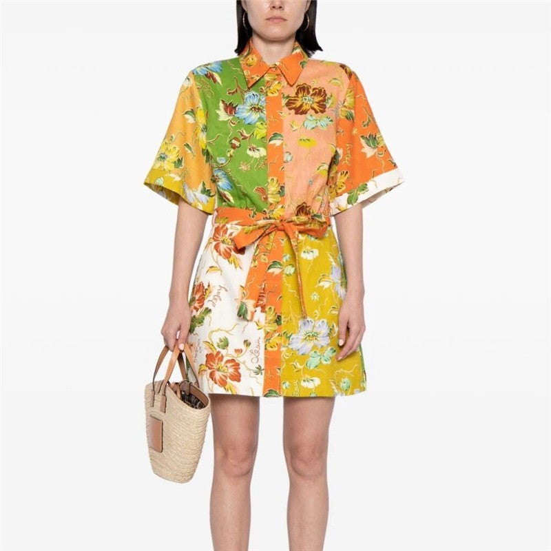 Floral Print Short Sleeve Dress with Ribbon Accent