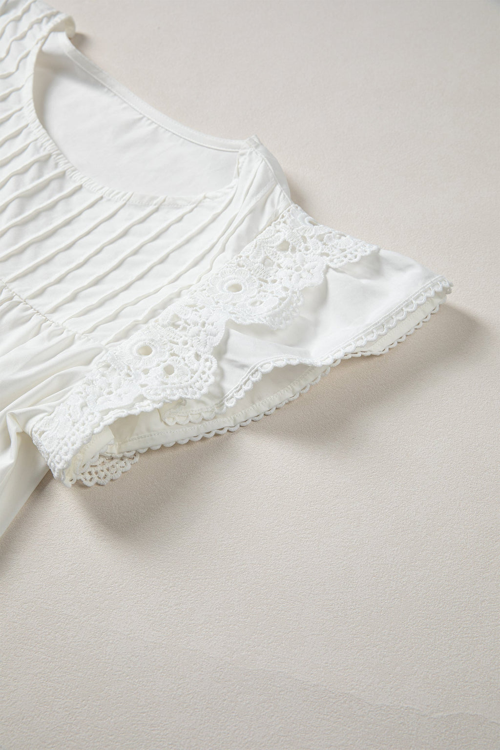 White Lace Detail Flutter Sleeve Pleated Round Neck Blouse