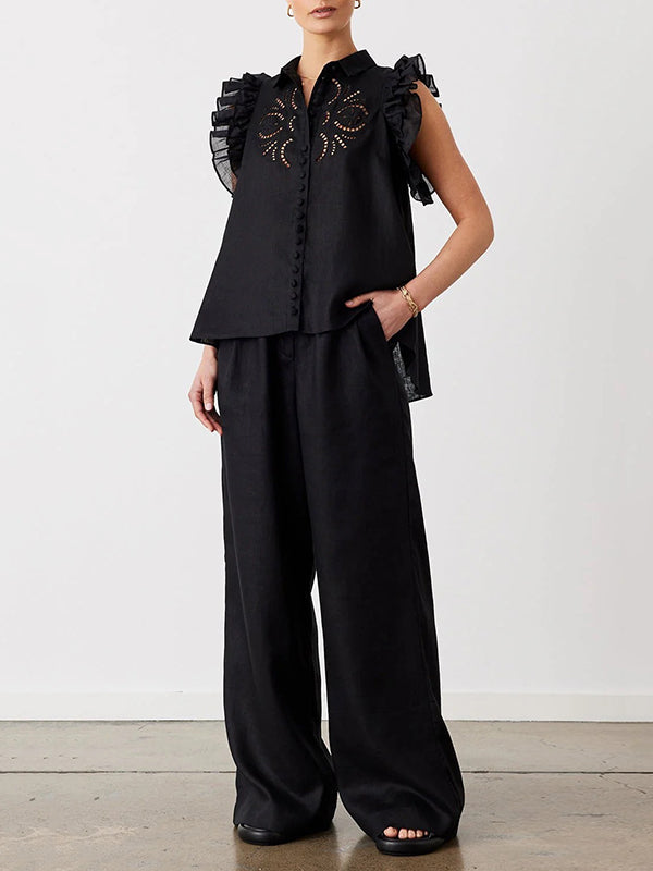 High Waisted Loose Pockets Solid Color Pants Trousers
